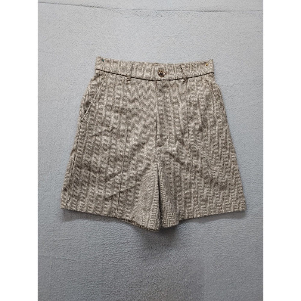 GU Women Bermuda Short 26 Tan Herringbone Pleated Slash Pockets Casual Elegant
